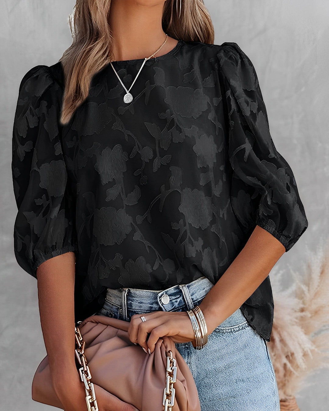 Women’s Summer Blouse with Floral Jacquard Pattern and Puff Sleeves