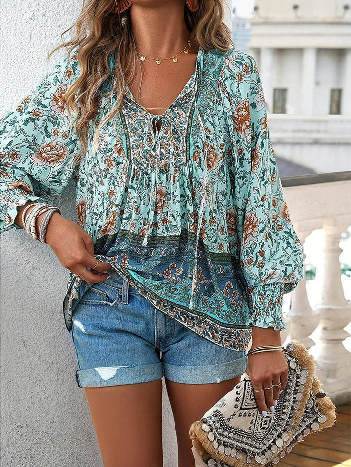 Women’s V-Neck Blouse with Floral Print and Puff Sleeves