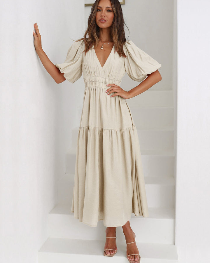 Women’s V-Neck Midi Dress with Tiered Skirt and Puff Sleeves
