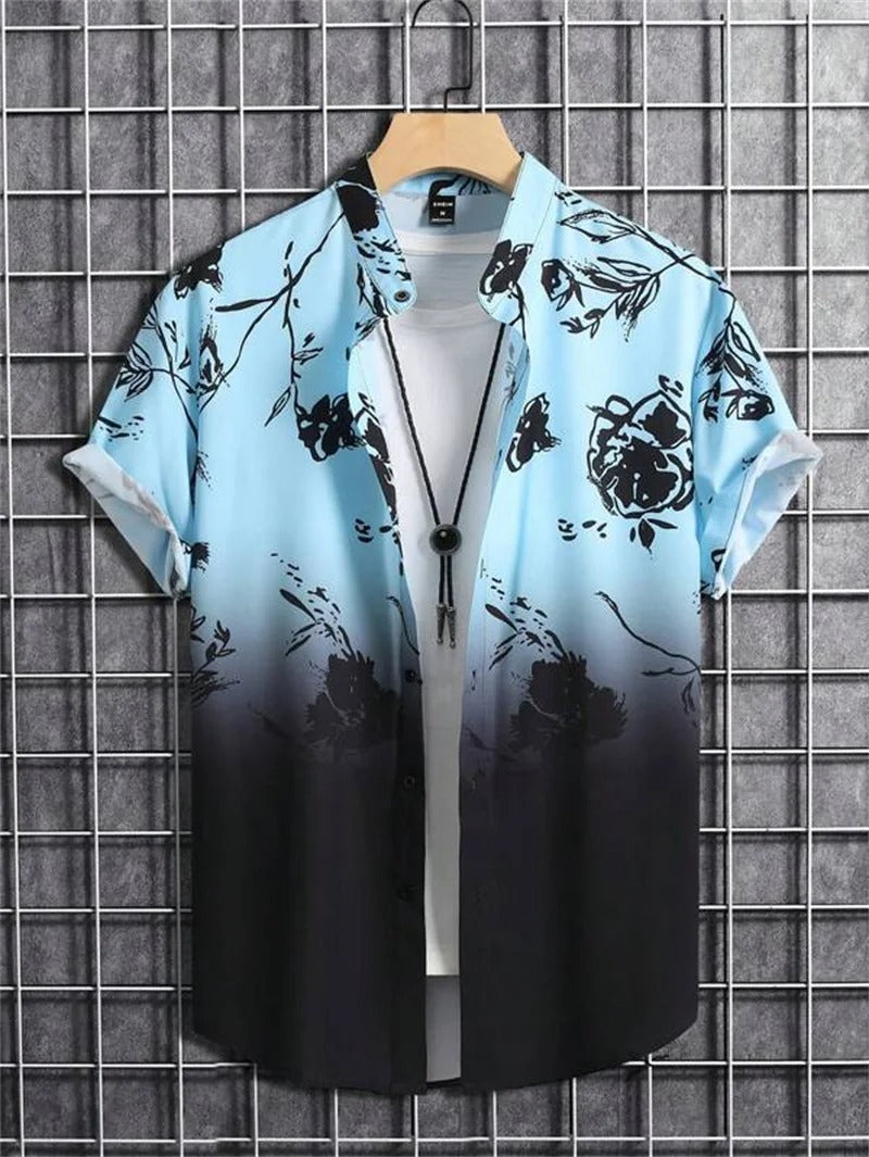 Men’s Short-Sleeved Shirt with Button Placket and Print