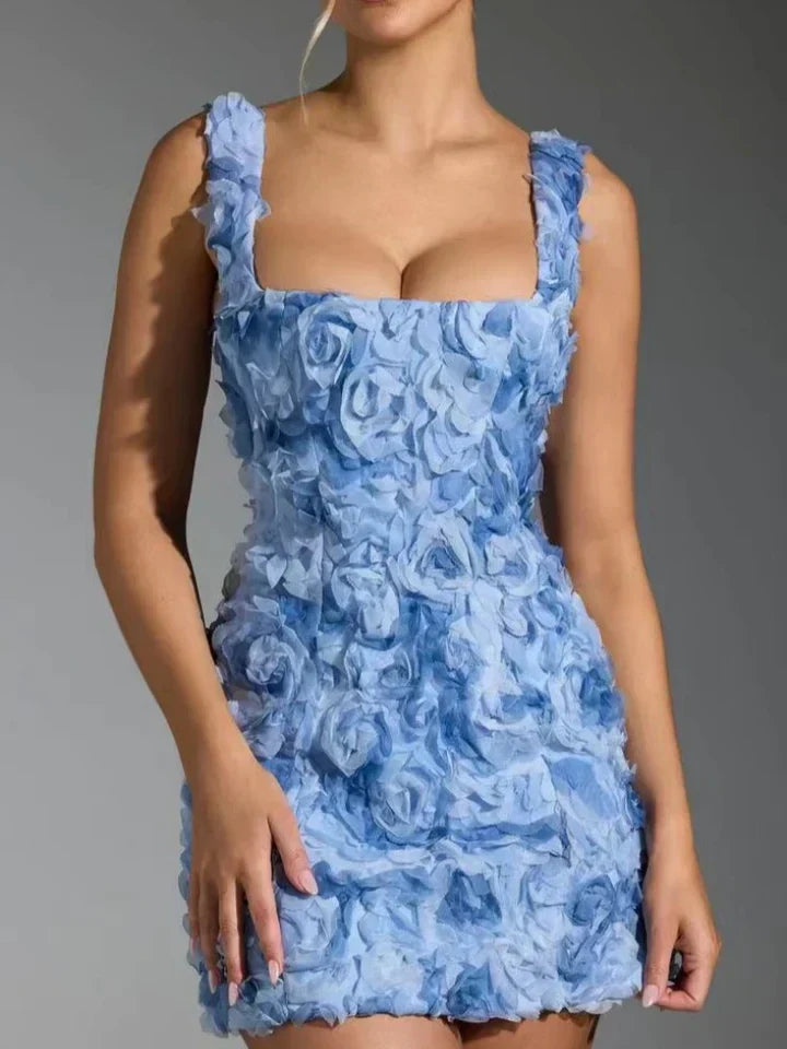 Women's Mini Dress with Square Neckline and Rose Pattern