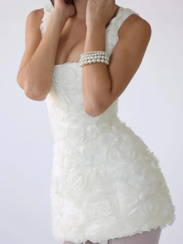 Women's Mini Dress with Square Neckline and Rose Pattern