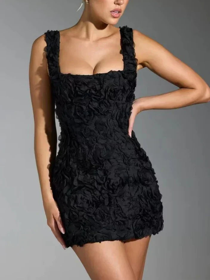 Women's Mini Dress with Square Neckline and Rose Pattern