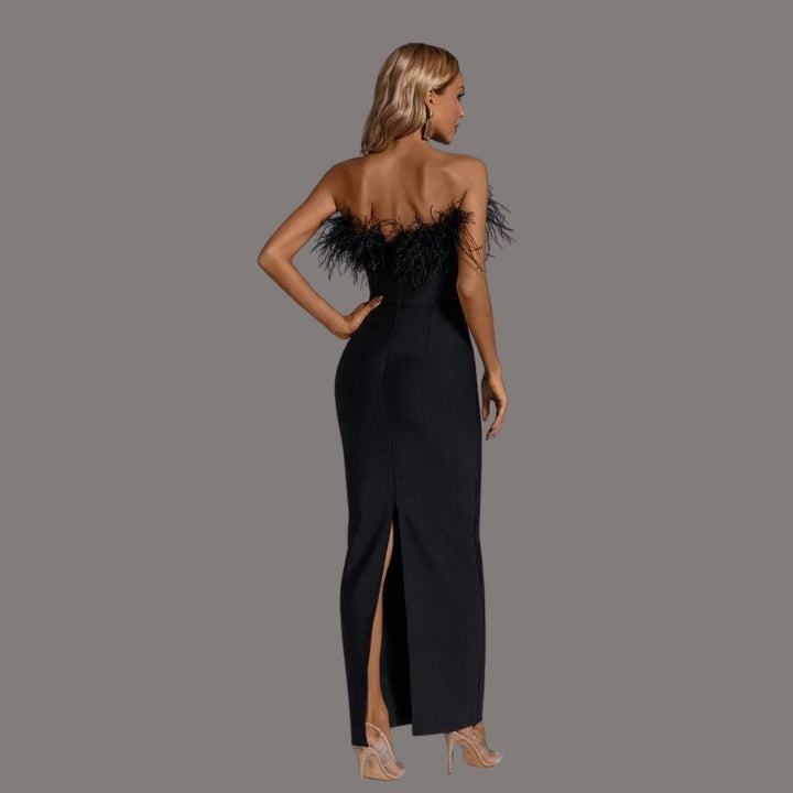 Women’s Summer Strapless Maxi Dress with Feather Overlay