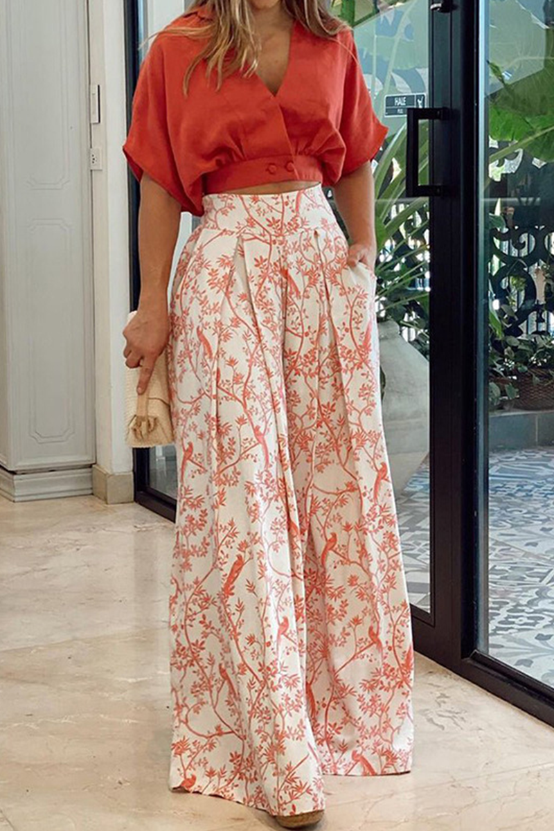 Women's Two-Piece Set with V-Neck Blouse and Wide-Leg Pants