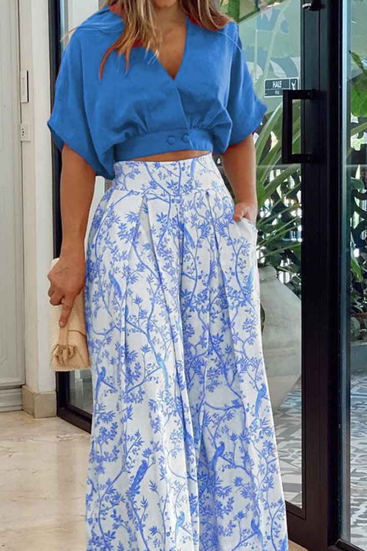 Women's Two-Piece Set with V-Neck Blouse and Wide-Leg Pants