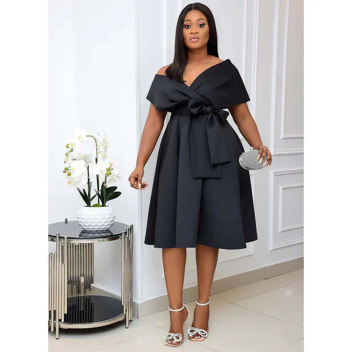 Women's Off-the-Shoulder Midi Dress with Waist Bow