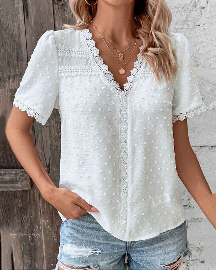 Women’s Short-Sleeved V-Neck Shirt with Lace Trim