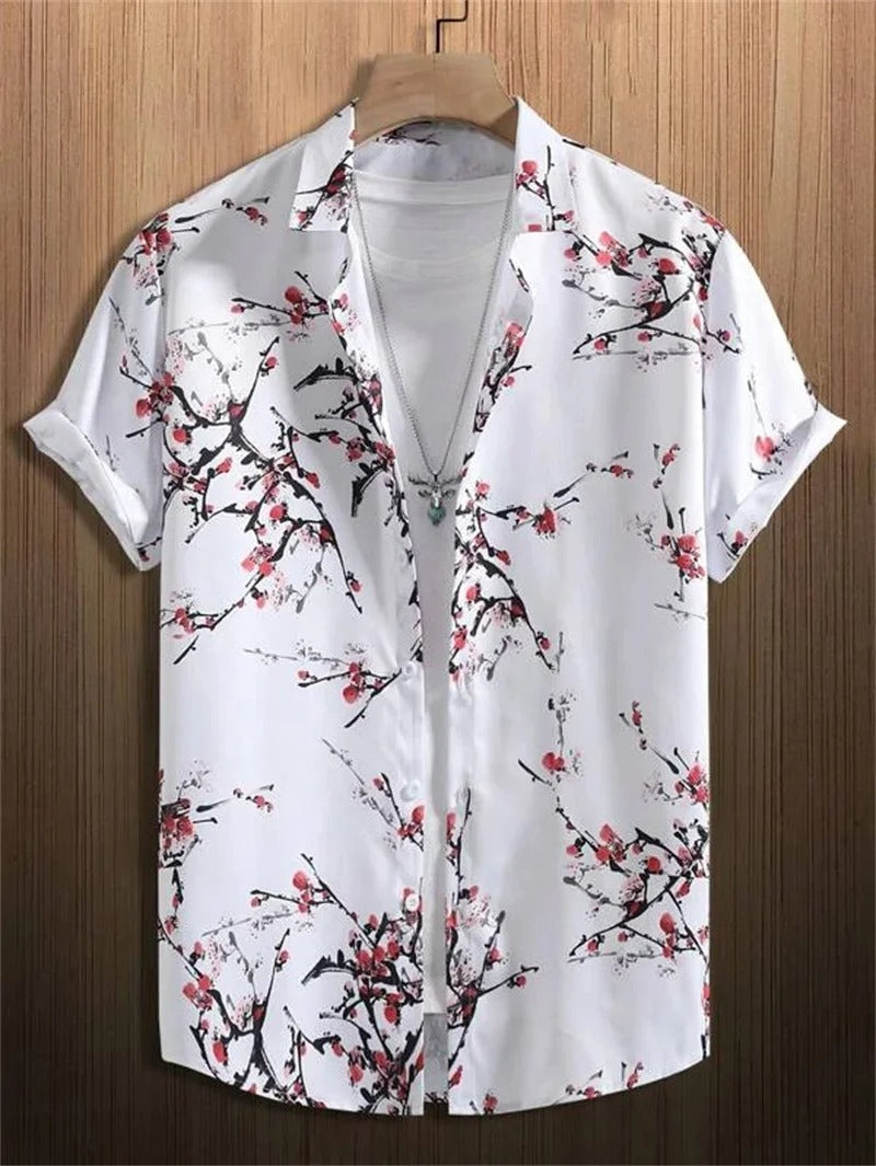 Men’s Short-Sleeved Shirt with Button Placket and Print