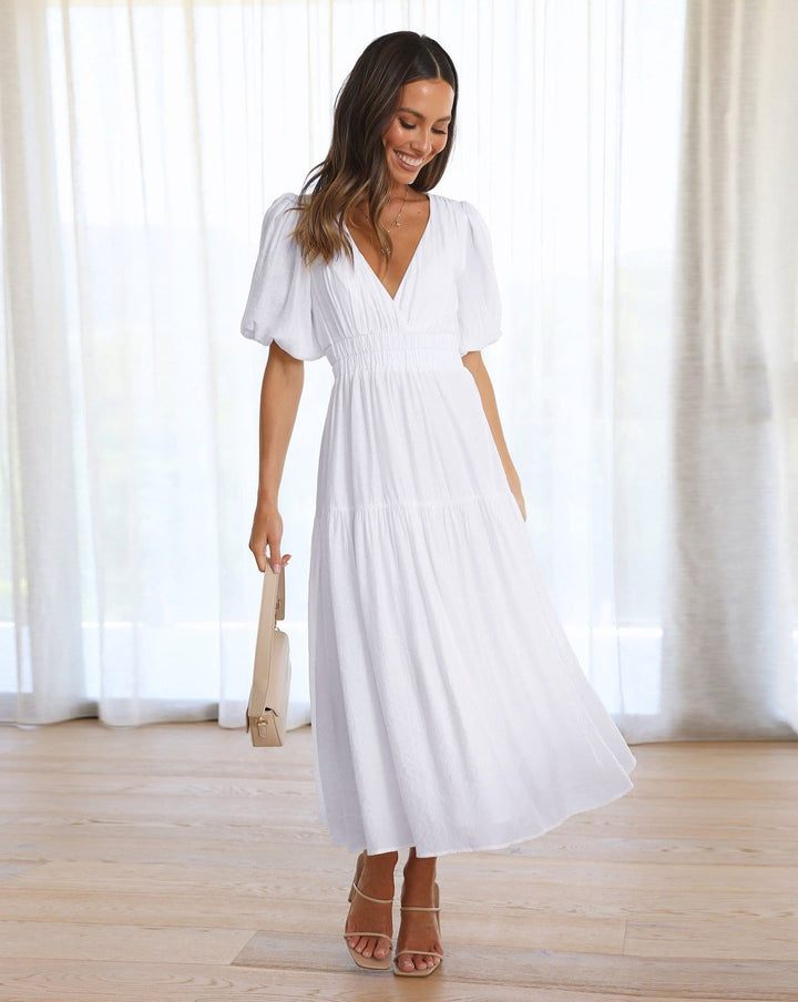 Women’s V-Neck Midi Dress with Tiered Skirt and Puff Sleeves