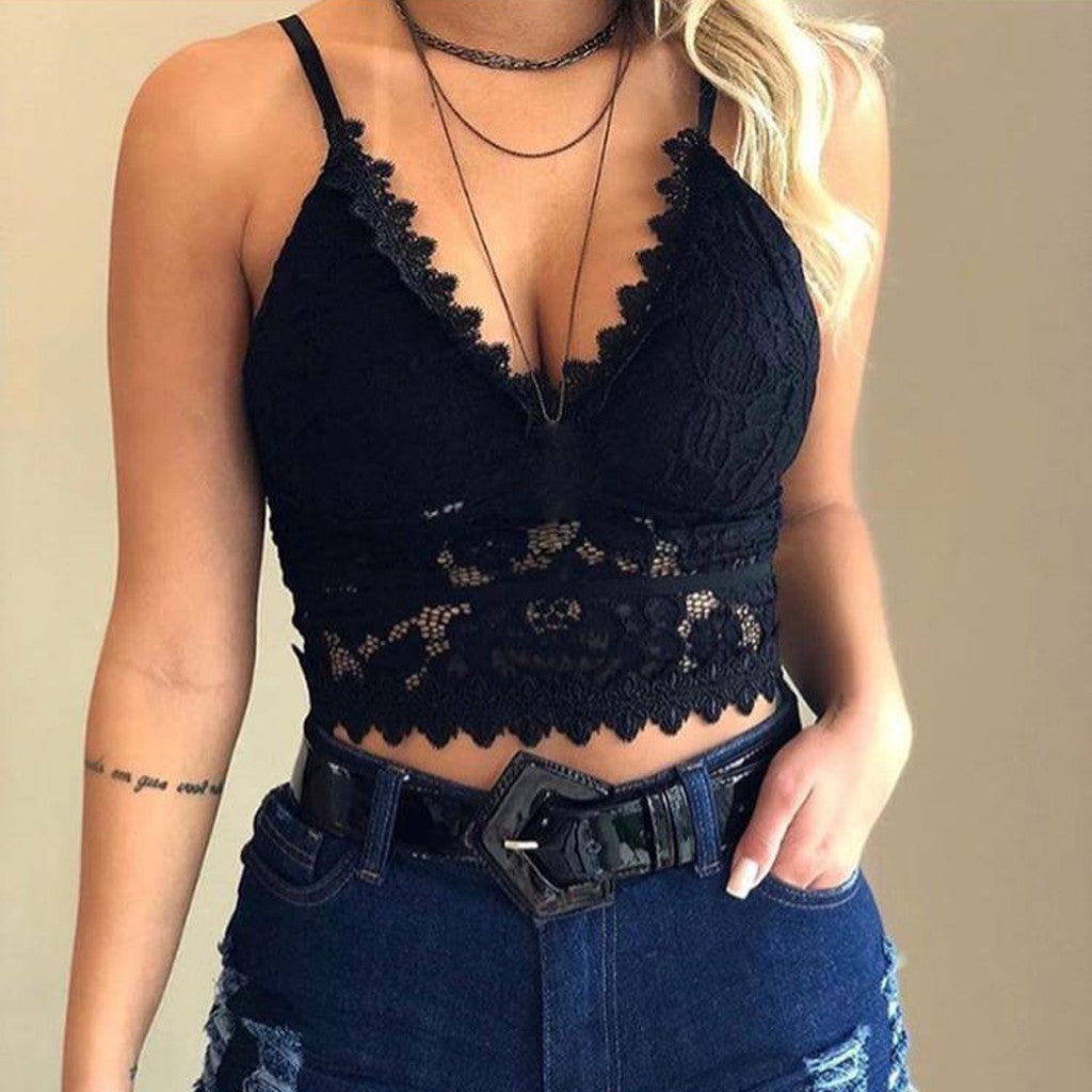 Women’s Lace Crop Top with V-Neckline and Floral Pattern