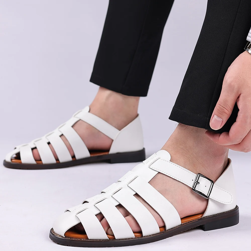 Men’s Summer Vegan Leather Sandals with Multiple Straps and Buckle Closure