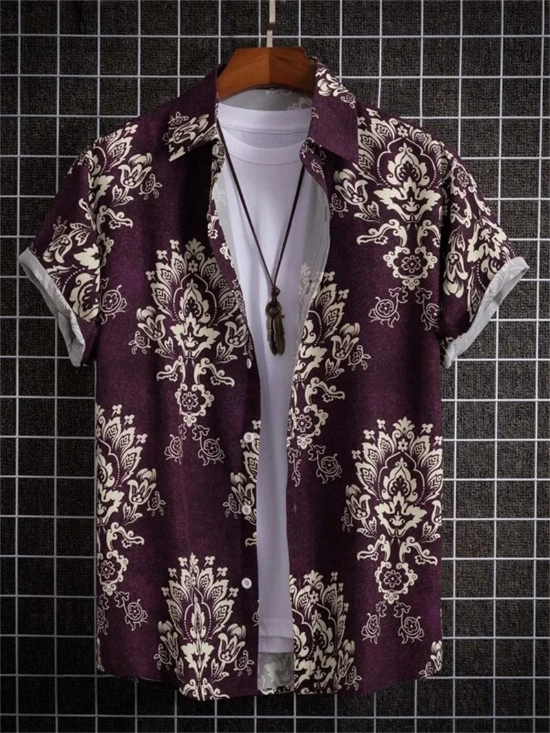 Men’s Short-Sleeved Shirt with Button Placket and Print