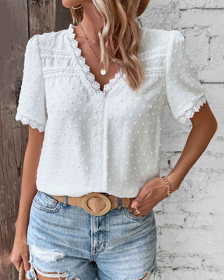 Women’s Short-Sleeved V-Neck Shirt with Lace Trim
