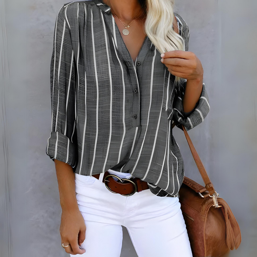 Women’s Summer Blouse with Long Sleeves and Vertical Stripes