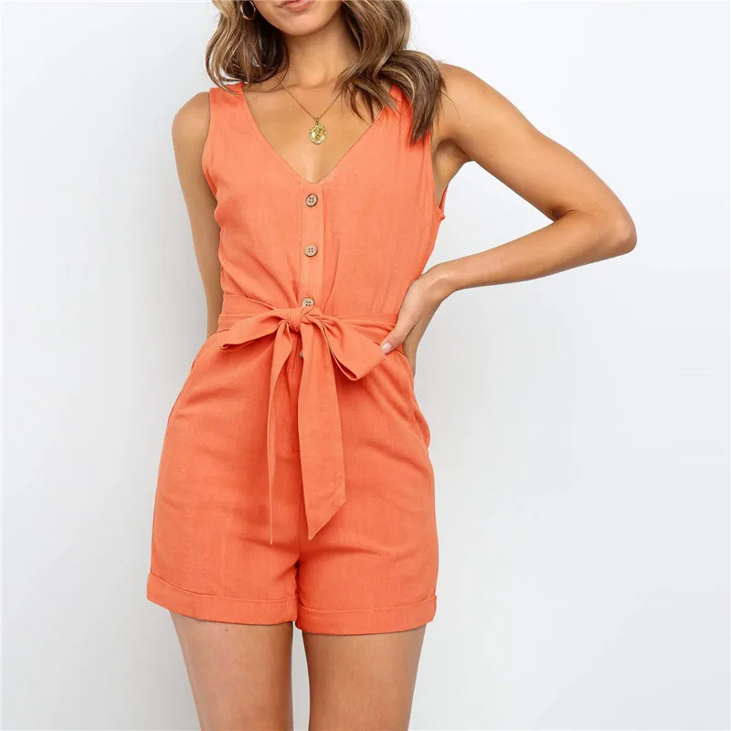 Women’s Sleeveless V-Neck Jumpsuit with Pockets