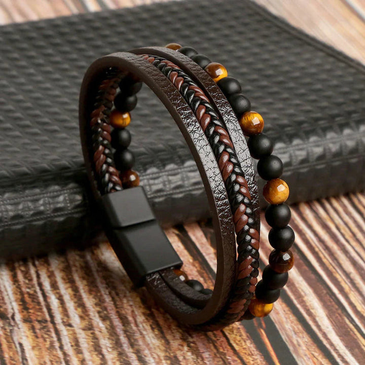 Men’s Layered Leather and Stone Bead Bracelet