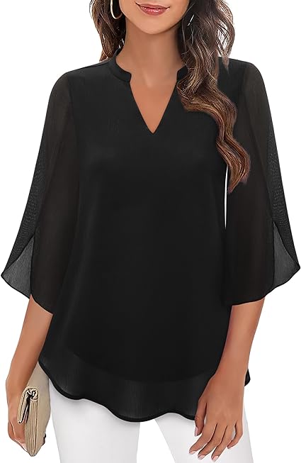 Women’s V-Neck Blouse with Translucent Overlay