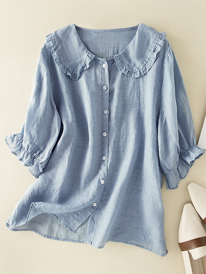 Women’s Ruffled Collar Shirt with Three-Quarter Sleeves
