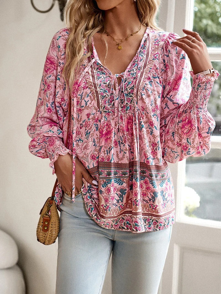 Women’s V-Neck Blouse with Floral Print and Puff Sleeves
