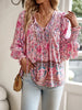 Women’s V-Neck Blouse with Floral Print and Puff Sleeves