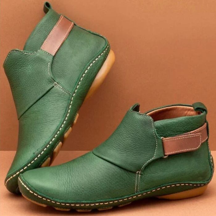 Women’s Vegan Leather Ankle Boots with Flat Sole and Buckle Strap