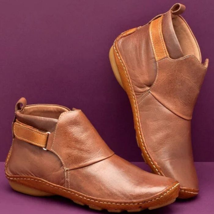 Women’s Vegan Leather Ankle Boots with Flat Sole and Buckle Strap