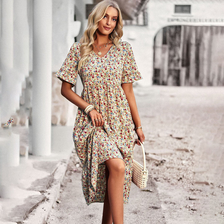 Women’s Floral Midi Dress with V-Neck and Ruffled Sleeves