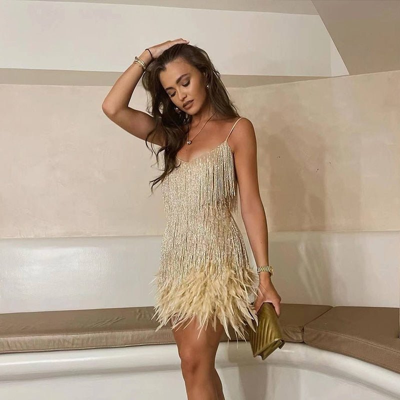 Women’s Mini Dress with V-neck and Fringe Hem