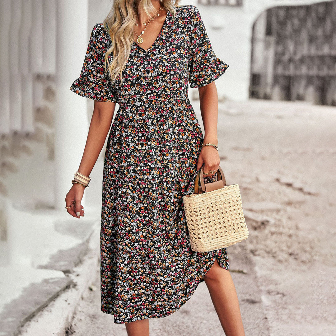 Women’s Floral Midi Dress with V-Neck and Ruffled Sleeves