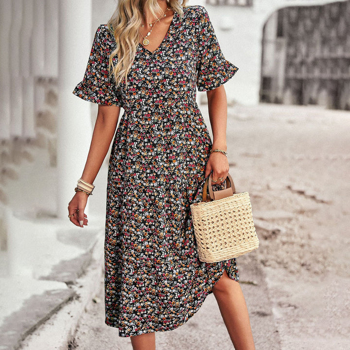 Women’s Floral Midi Dress with V-Neck and Ruffled Sleeves