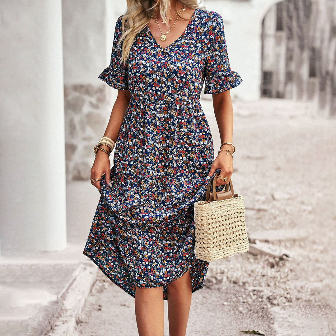 Women’s Floral Midi Dress with V-Neck and Ruffled Sleeves
