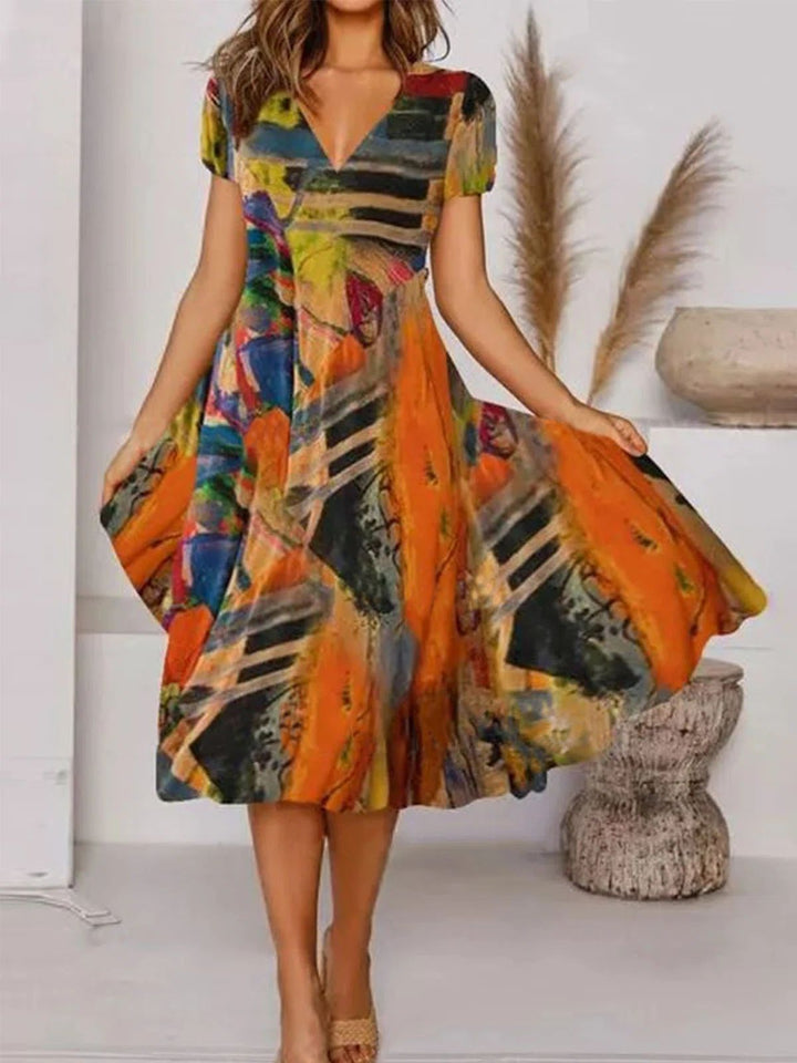 Women's V-Neck Midi Dress with Abstract Print