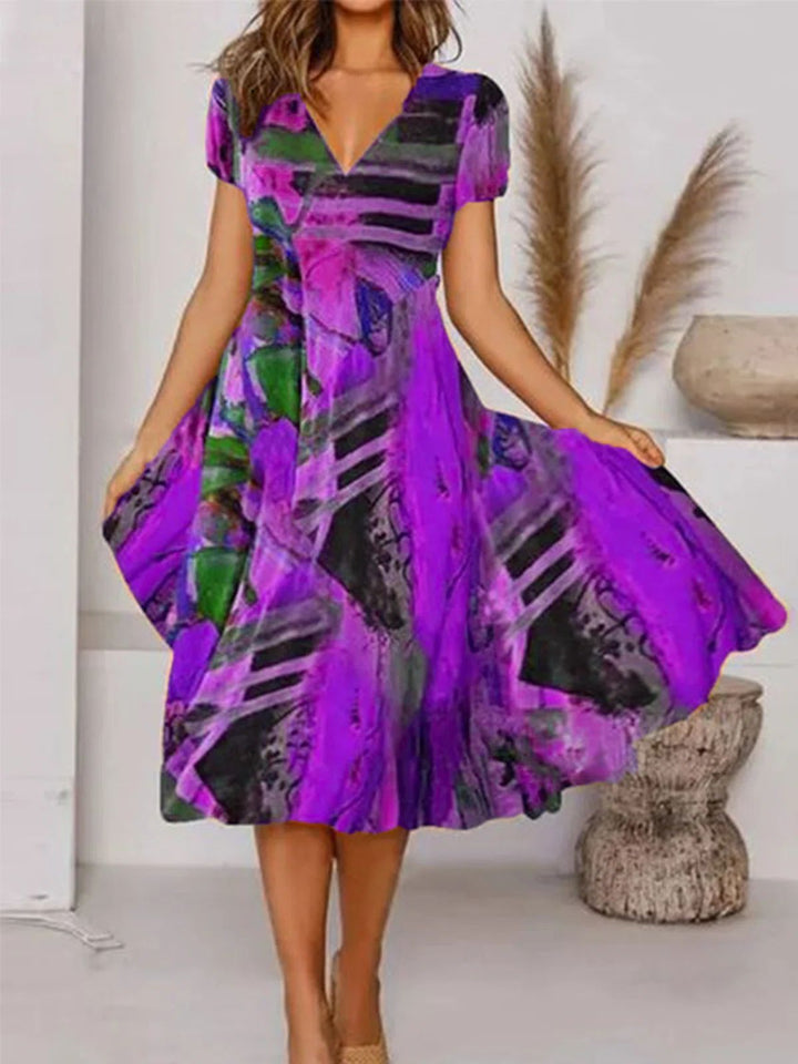 Women's V-Neck Midi Dress with Abstract Print