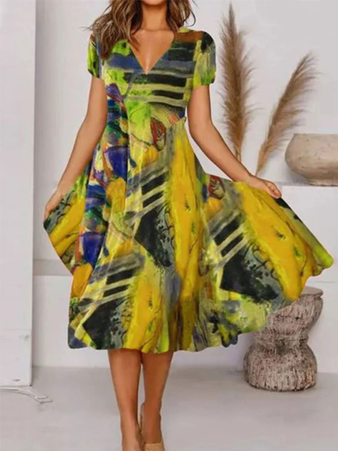 Women's V-Neck Midi Dress with Abstract Print