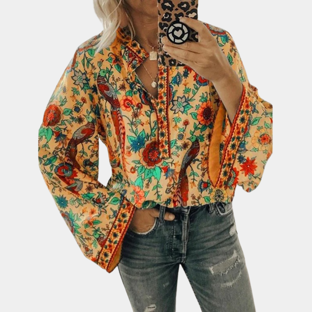 Women’s Long-Sleeved Blouse with Floral Pattern