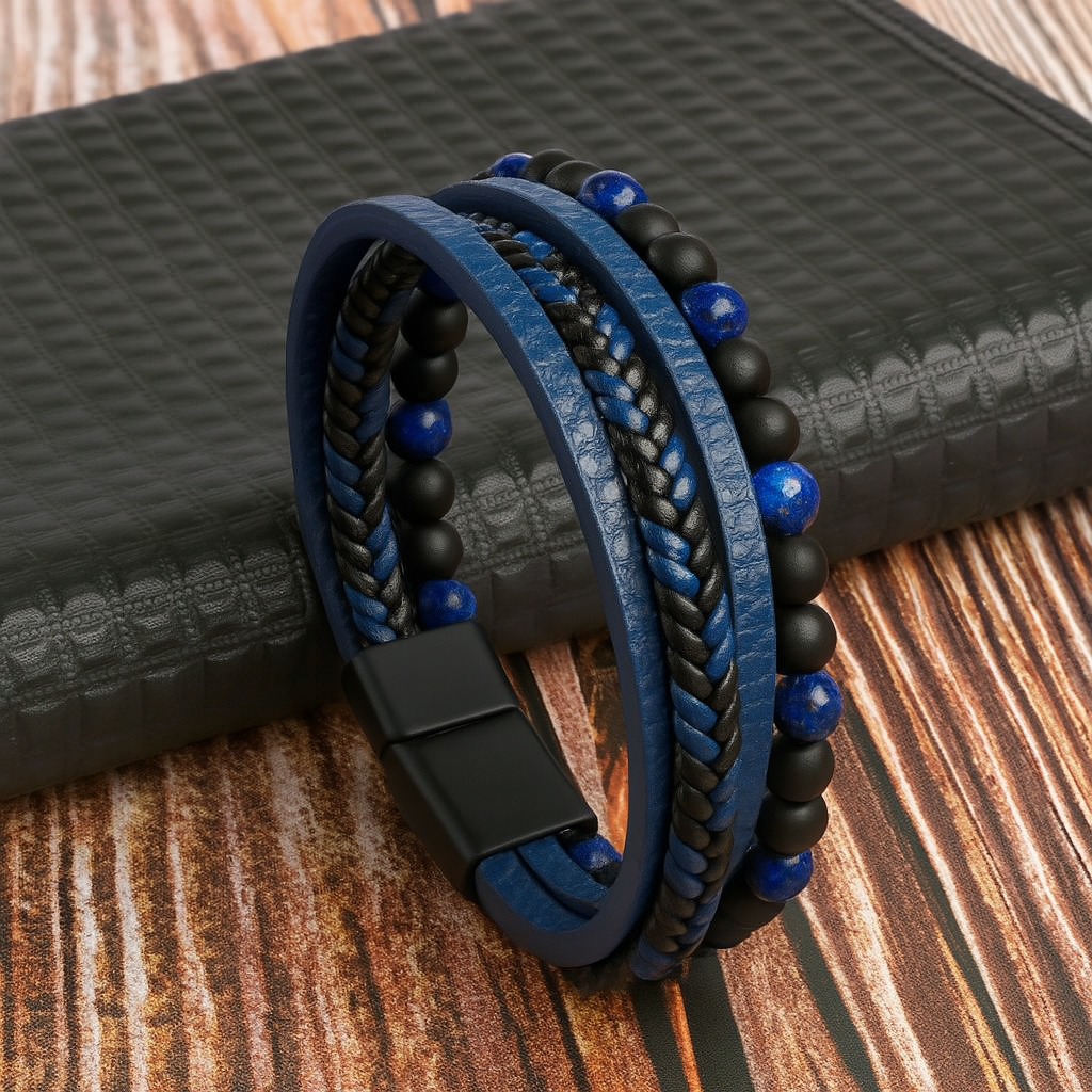 Men’s Layered Leather and Stone Bead Bracelet