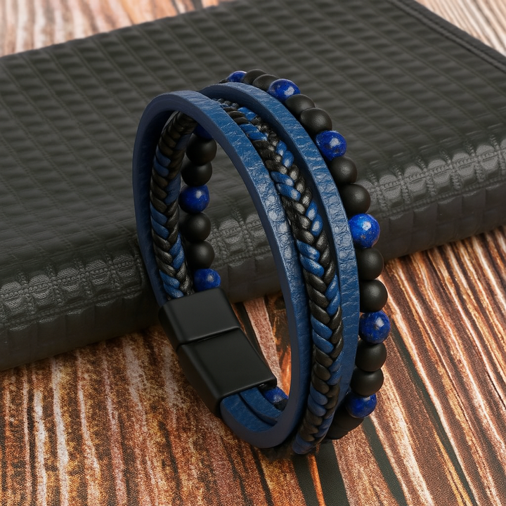 Men’s Layered Leather and Stone Bead Bracelet