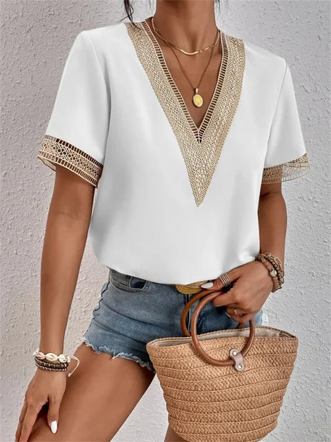 Women’s Blouse with V-Neck and Embroidered Short Sleeves