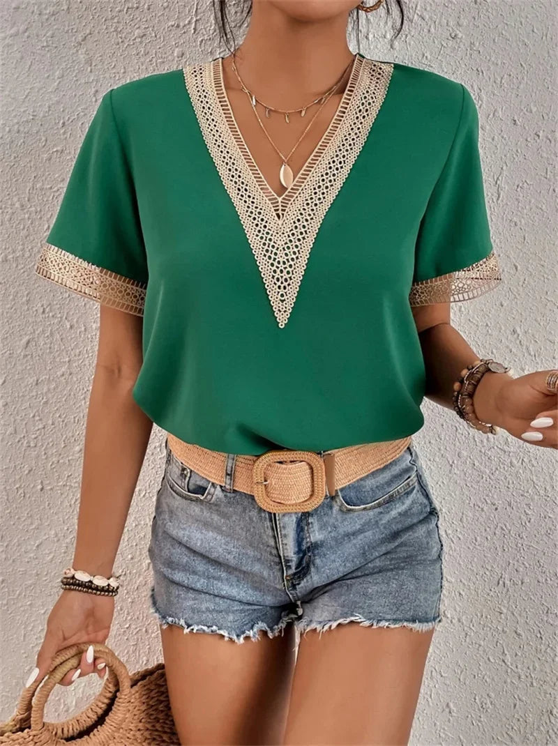 Women’s Blouse with V-Neck and Embroidered Short Sleeves