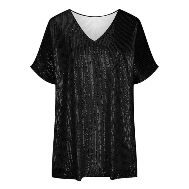 Women's Sequin Short-Sleeve V-Neck Shirt