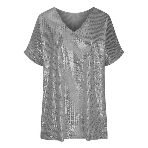 Women's Sequin Short-Sleeve V-Neck Shirt