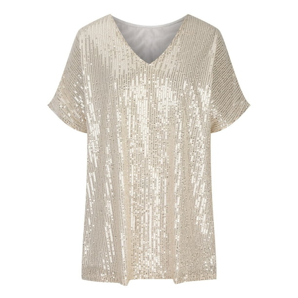 Women's Sequin Short-Sleeve V-Neck Shirt