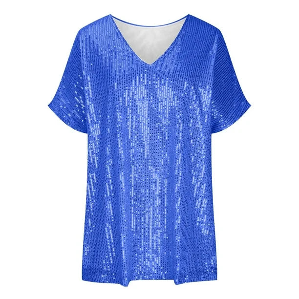 Women's Sequin Short-Sleeve V-Neck Shirt
