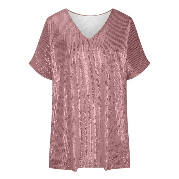 Women's Sequin Short-Sleeve V-Neck Shirt