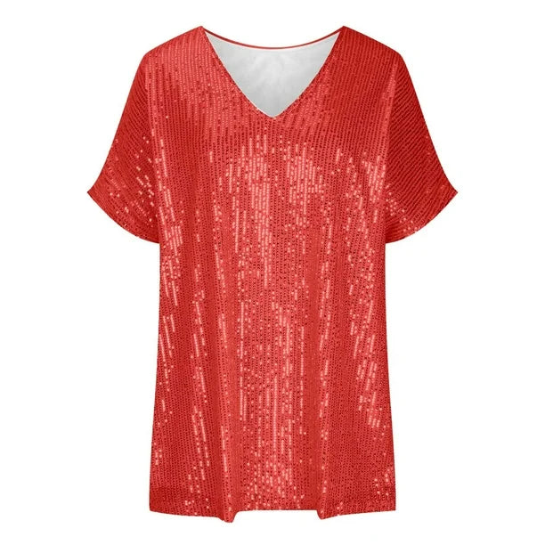 Women's Sequin Short-Sleeve V-Neck Shirt
