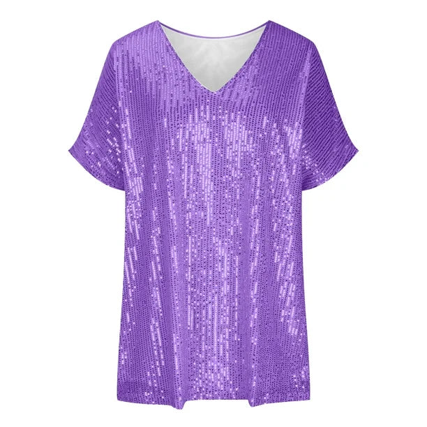 Women's Sequin Short-Sleeve V-Neck Shirt