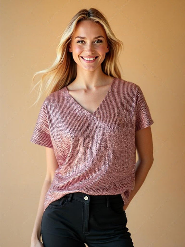 Women's Sequin Short-Sleeve V-Neck Shirt