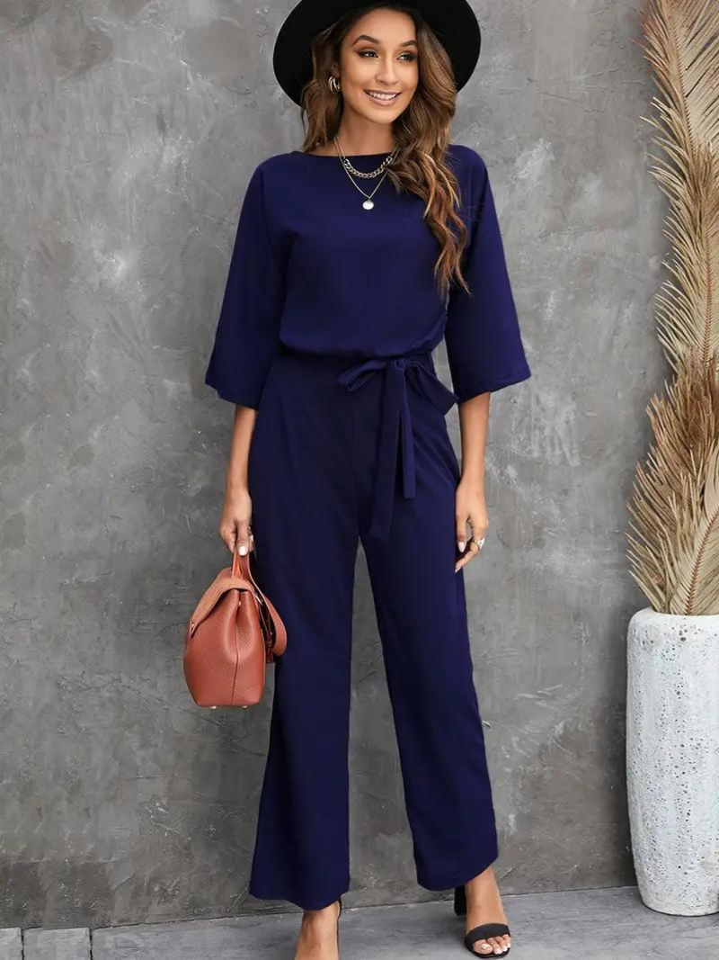 Women’s Three-Quarter Sleeve Jumpsuit with Tie Belt