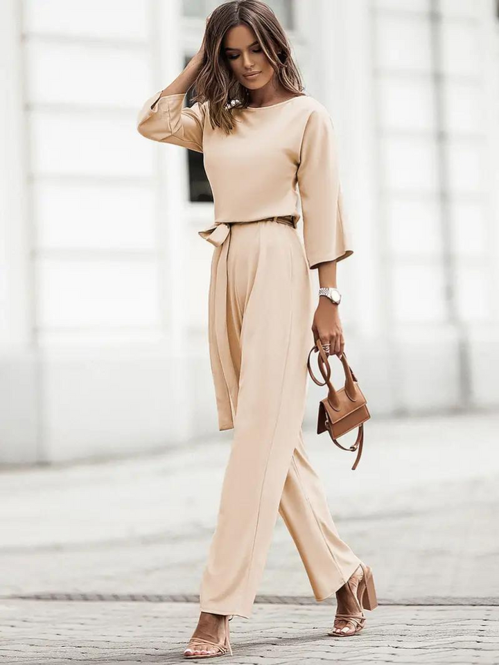 Women’s Three-Quarter Sleeve Jumpsuit with Tie Belt